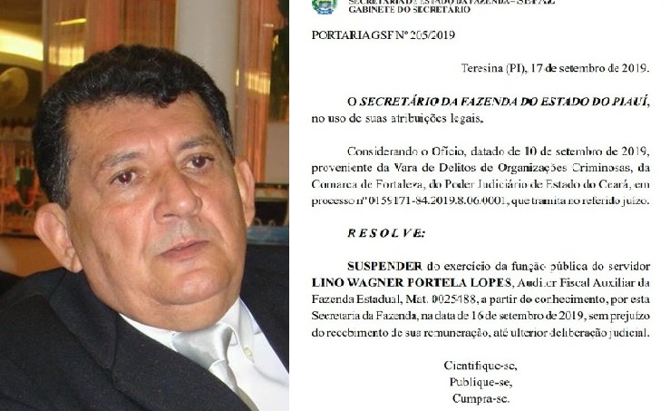 Lino Portela e a cópia da portaria da suspensão dele publicada no DOE